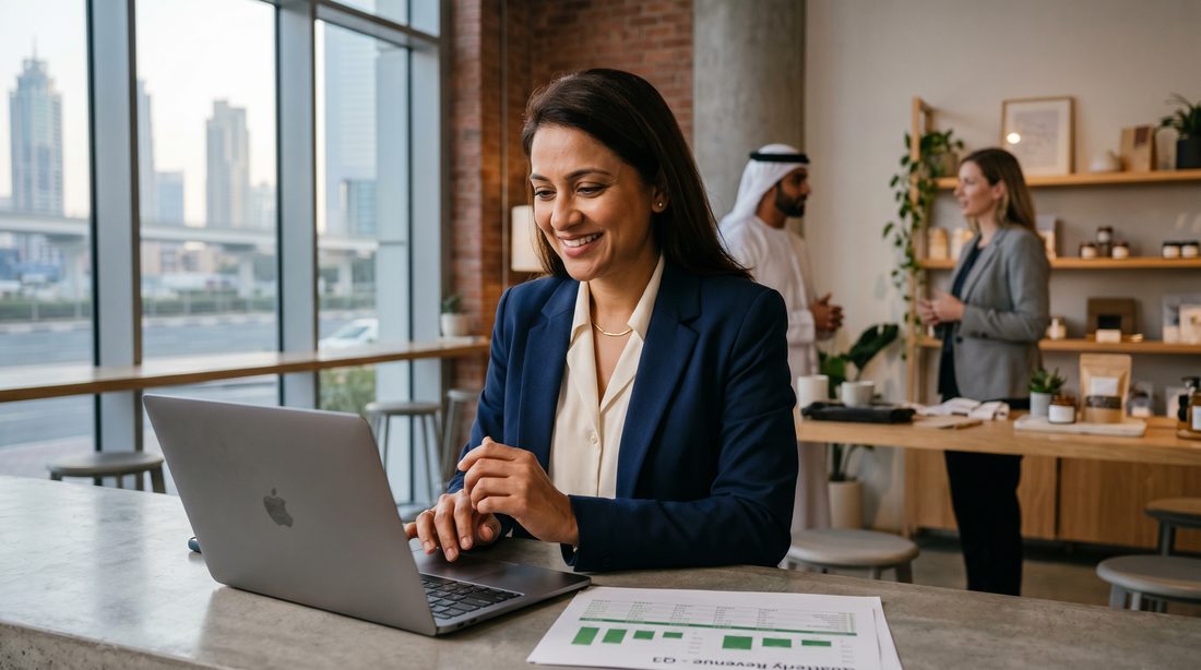 A relieved small-business owner reviewing good news on a laptop in a modern Dubai shop