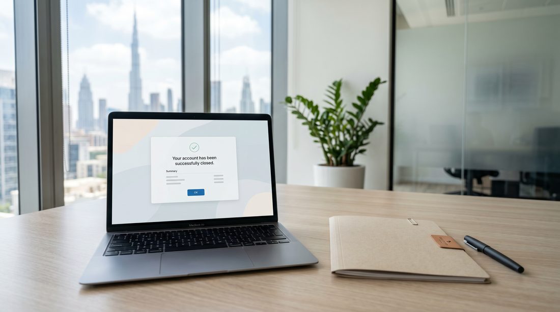 A laptop showing an account cancellation confirmation beside a closed folder on a tidy desk