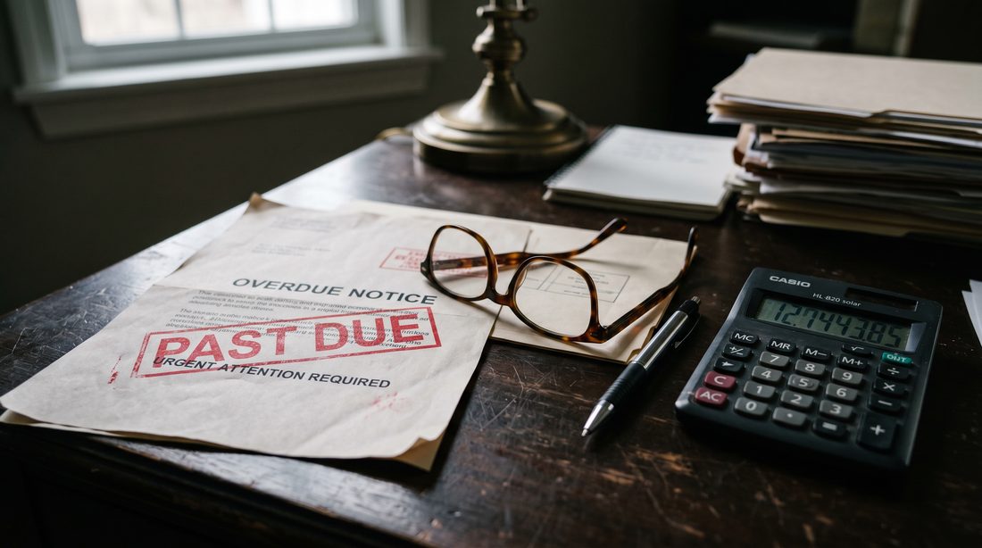 A red-stamped overdue notice on a desk beside reading glasses and a calculator