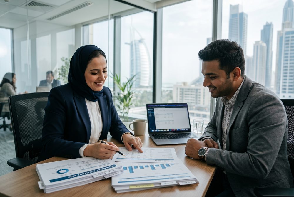 A Tax Assist UAE advisor reviewing documents with a small-business owner in a Dubai office